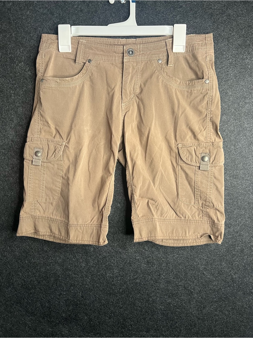 Kuhl Splash Cargo Shorts Khaki Tan Snap Pockets Women 12 Outdoor Hiking Gorpcore